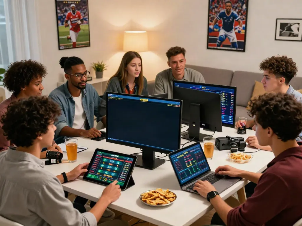 Exciting friends enjoying online betting at https://vin88.team/ with vibrant gaming setup.