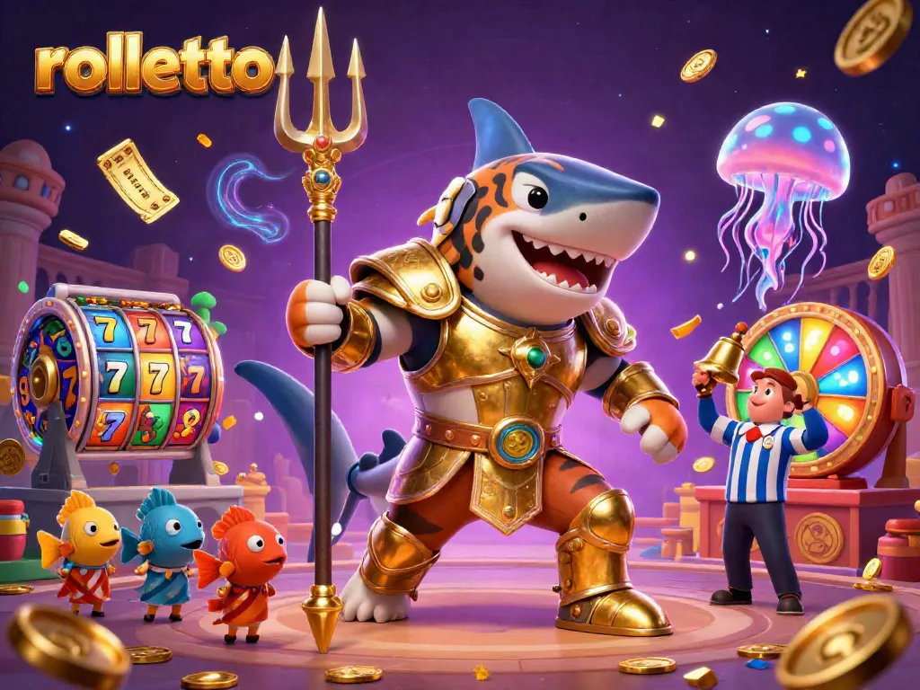 Experience rolletto's vibrant gaming scene with a tiger shark in golden armor surrounded by dynamic slot elements.
