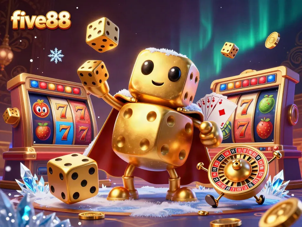 Experience thrilling gameplay at five88 with a vibrant and dynamic illustration of a golden dice golem amidst slot jackpots and gaming excitement.