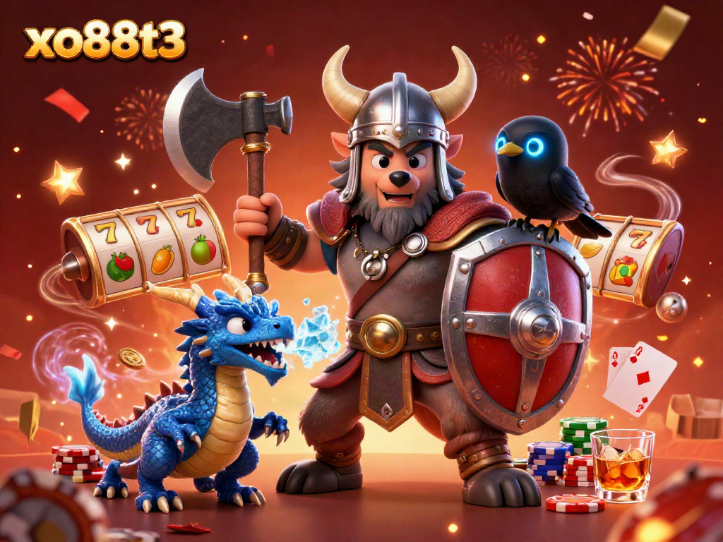 Win big with dynamic gaming elements in this exciting xo88t3 casino illustration featuring a Viking wolf warrior and mythical creatures.