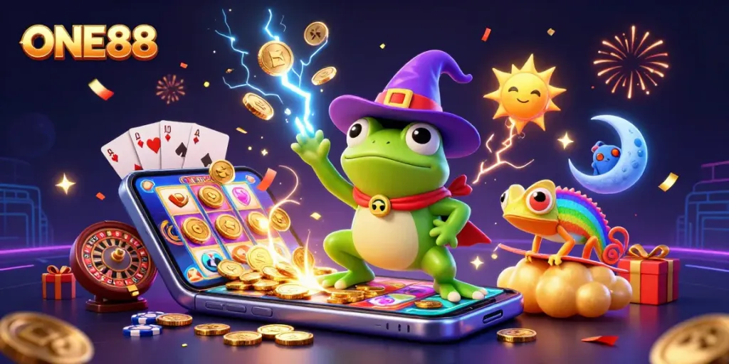 Experience ONE88 with a wizard frog, chameleon, and rich casino elements in a vibrant, animated scene.