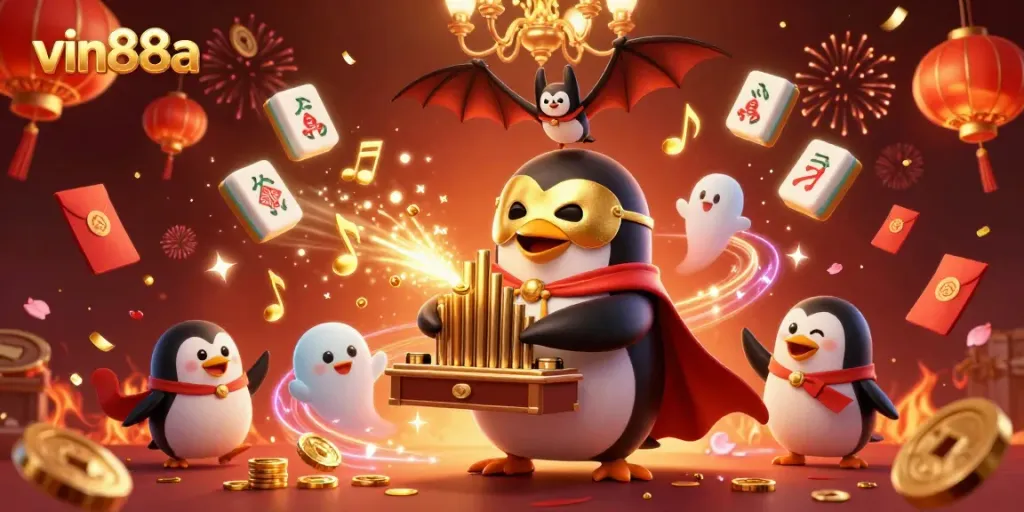 Enjoy vin88a's thrilling casino scene as a penguin plays a golden pipe organ, surrounded by festive elements.