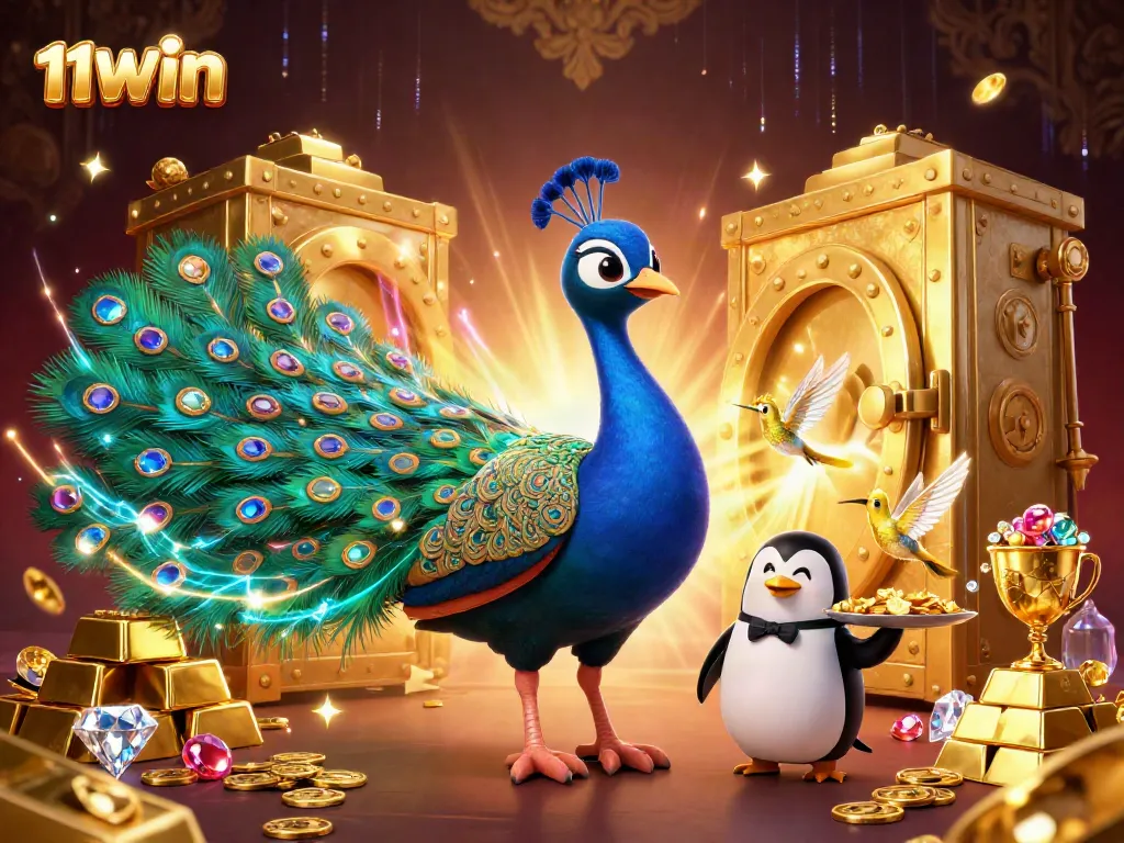 Experience the excitement of 11WIN with a vibrant 3D casino scene featuring a peacock and golden treasures