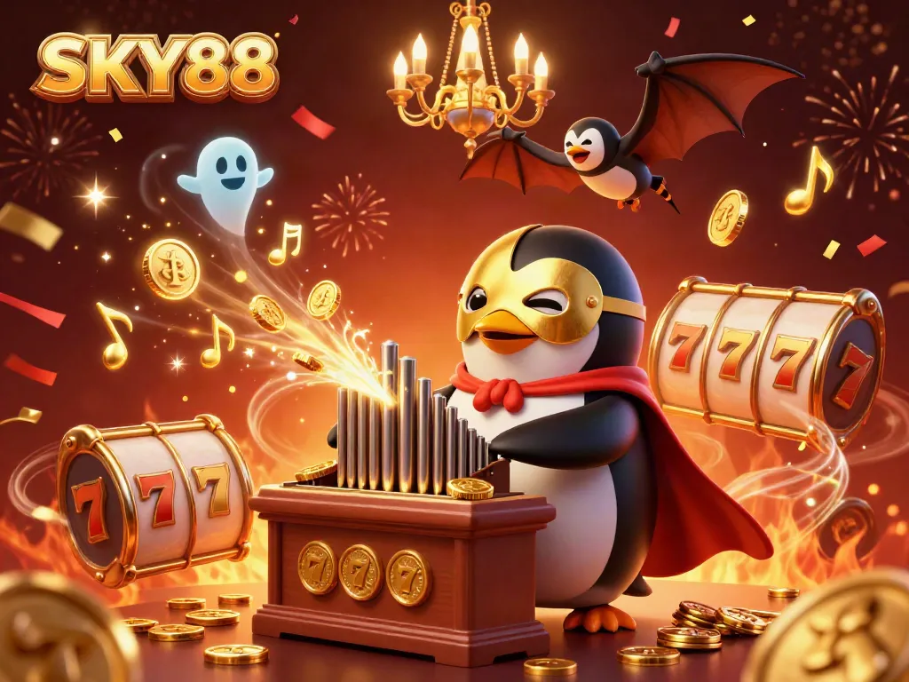 Experience the excitement of SKY88 with a vibrant casino illustration featuring a penguin playing an organ, filled with slot and jackpot elements.