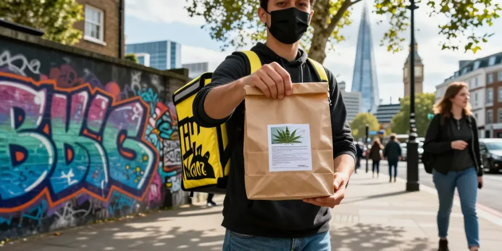 Delivery person in London holding discreet THC edibles in UK packaging against a graffiti wall