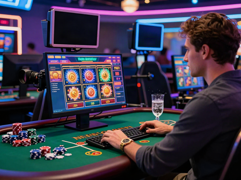 Exciting non Gamstop casino experience with stylish player at desktop, vibrant gaming atmosphere.
