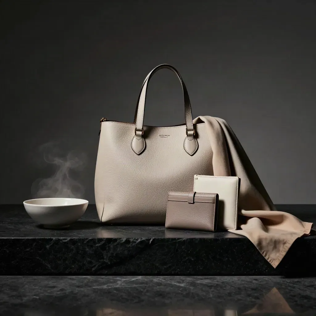 Tote, wallet and pouch beside a bowl and scarf on a matte-black plinth in moody studio light