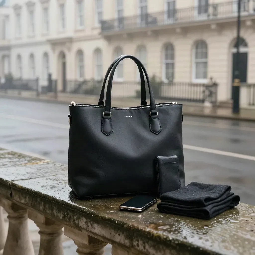 Black work tote with wallet, phone pouch and scarf on wet stone ledge in soft rain light.