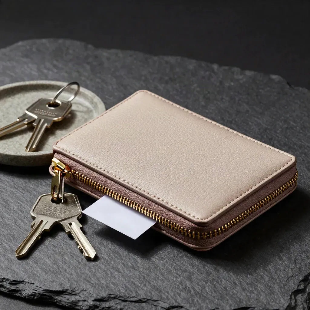 Gold-zip pebble-grain wallet beside keys and a stone dish on slate