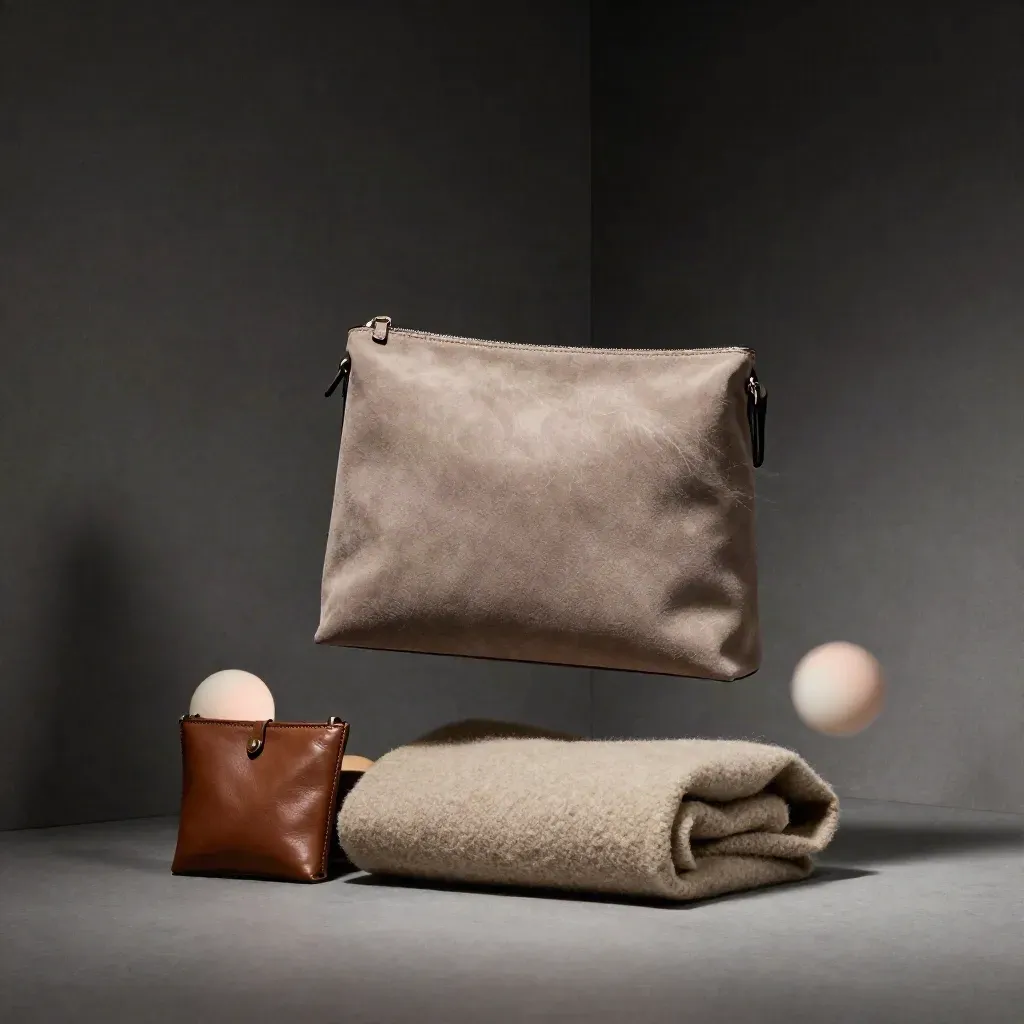 Taupe crossbody bag suspended above wool with two leather pouches in a moody studio breeze.