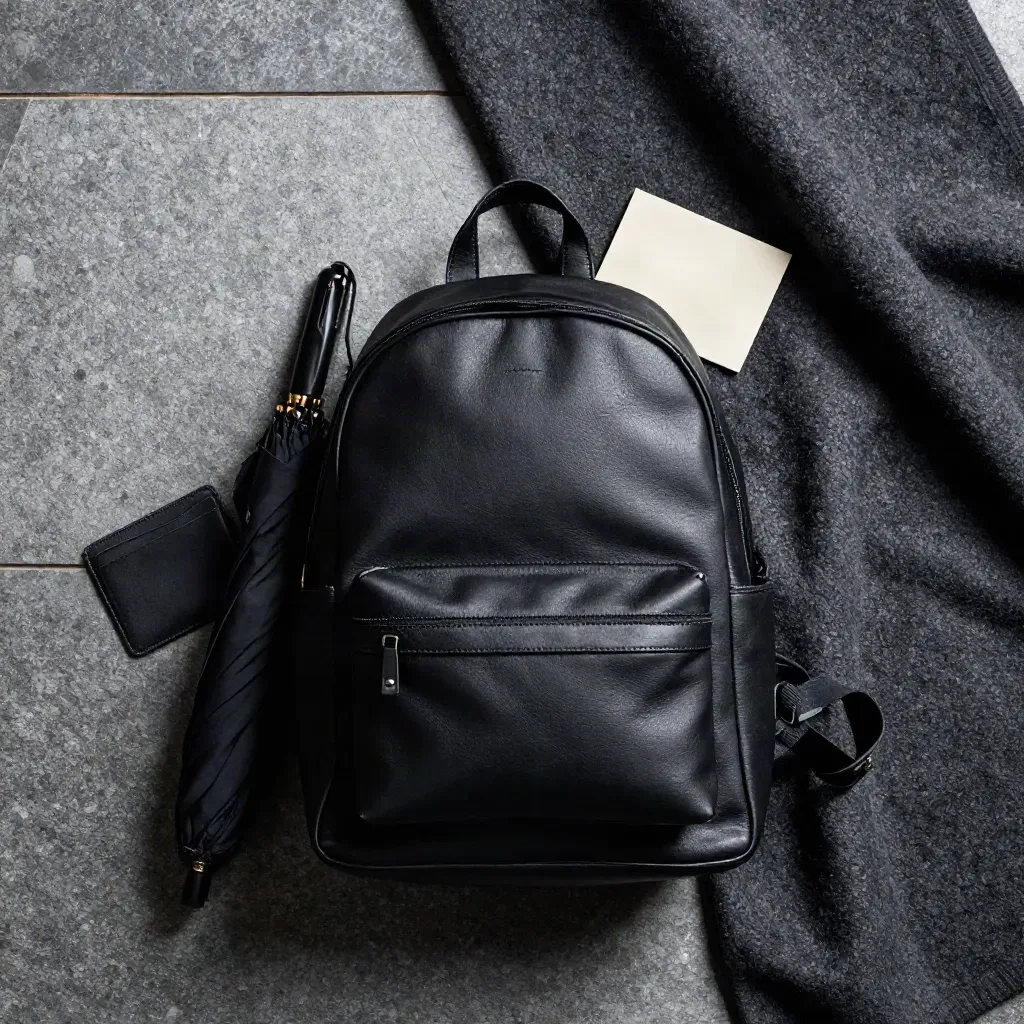 Black mini backpack in wool folds with umbrella and card holder, top-down on stone