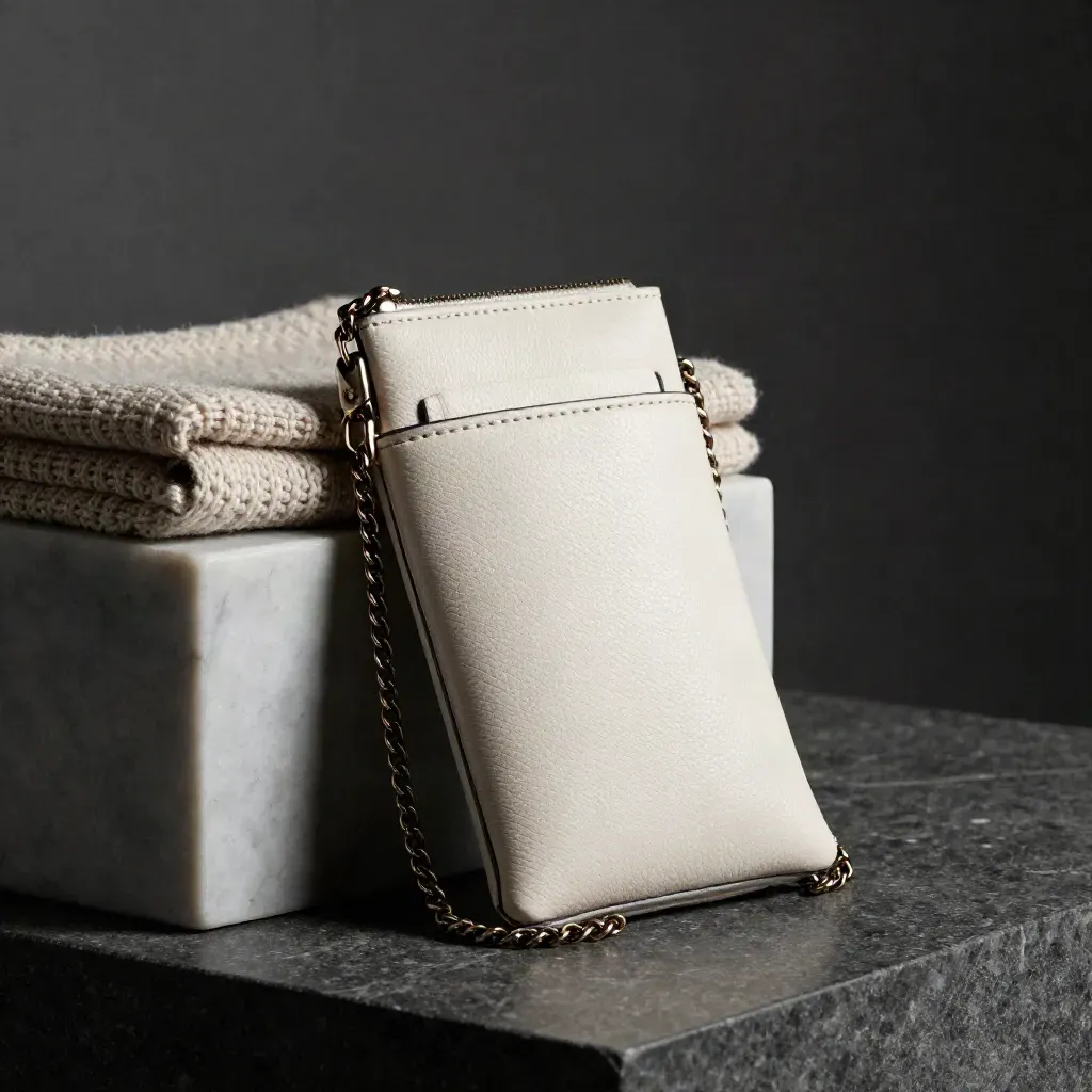 Ivory Rae Phone Pouch leaning on a knit and marble cube under a dramatic top-left beam.