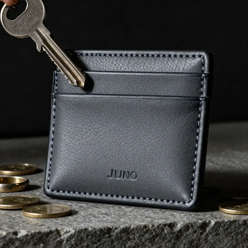 Macro of a graphite faux-leather card holder beside coins, a ring and folded slip on stone.