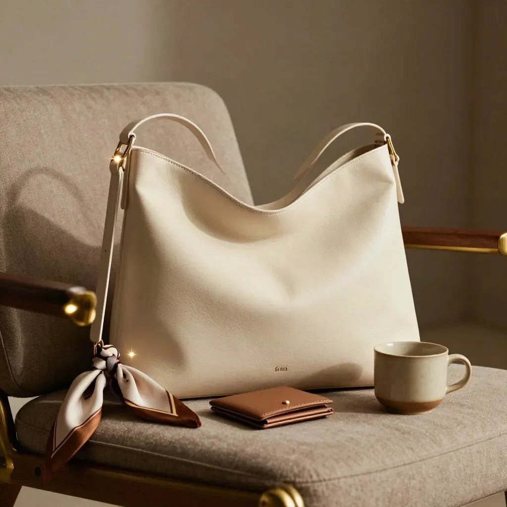 Cream hobo bag on a cushioned seat with scarf, wallet and ceramic cup in warm light