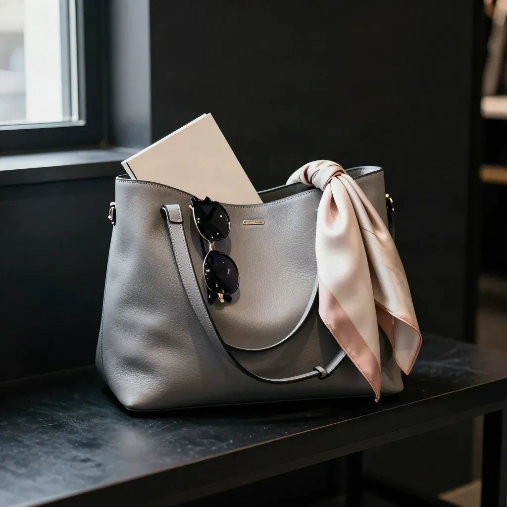 Grey tote bag with sunglasses and scarf on a dark bench in dramatic studio light.