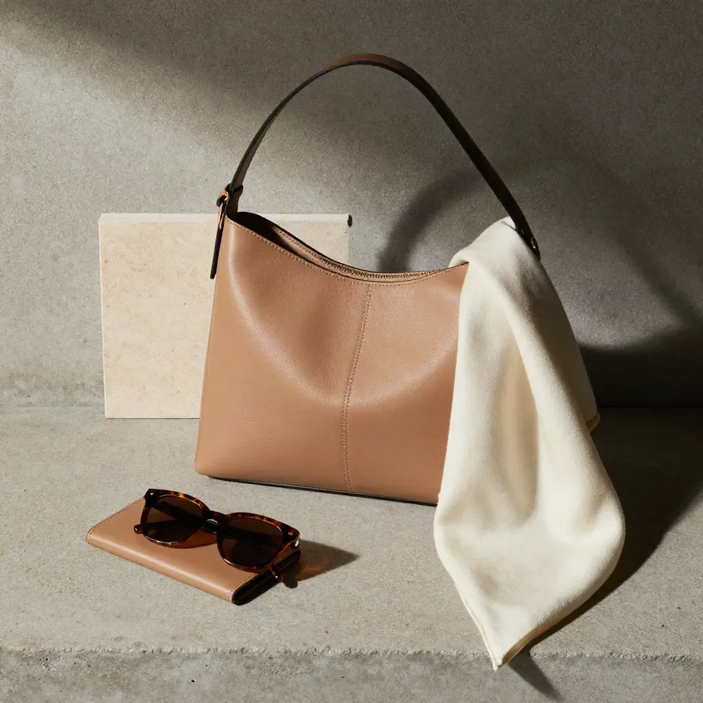 Overhead flatlay of a tan shoulder bag with wallet, sunglasses and folded scarf on brushed concrete.