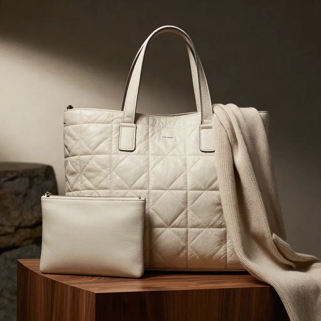 Ivory quilted tote with pouch and knit on a warm walnut studio pedestal.