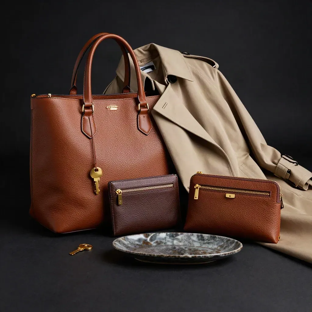 Tote, wallet and pouch beside a folded trench coat on a dark studio surface