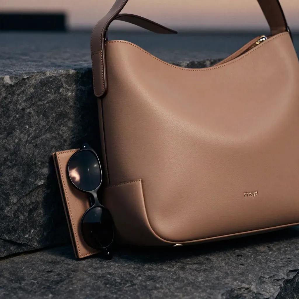 Tan shoulder bag with wallet and sunglasses on slate at dusk, close-up product shot.