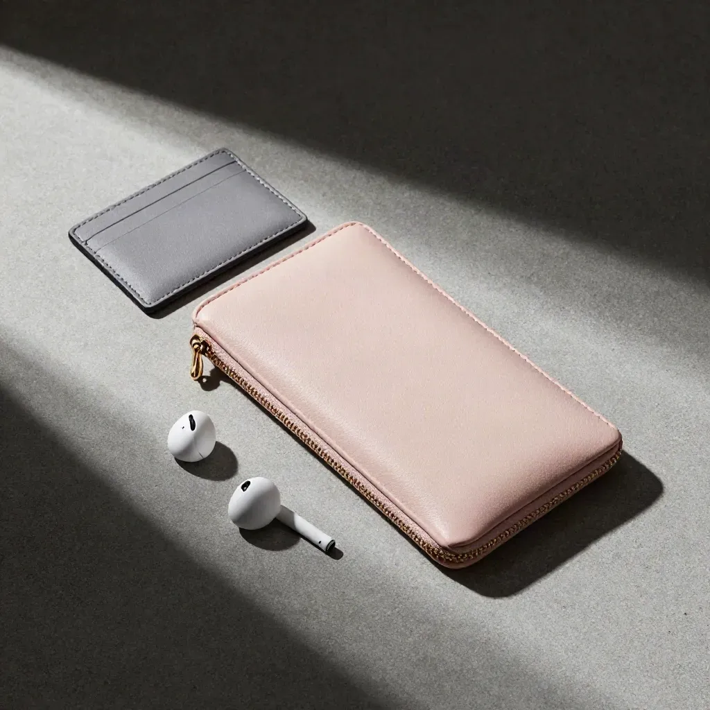 Blush phone pouch with earbuds, card case and chain on concrete, overhead flatlay.