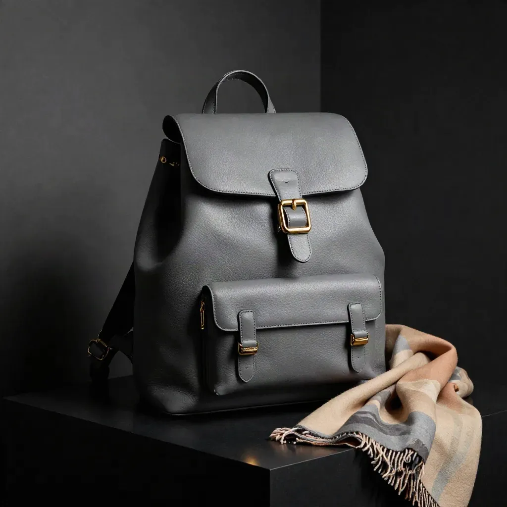 Graphite buckle backpack on matte-black surface with gold hardware, scarf beside it