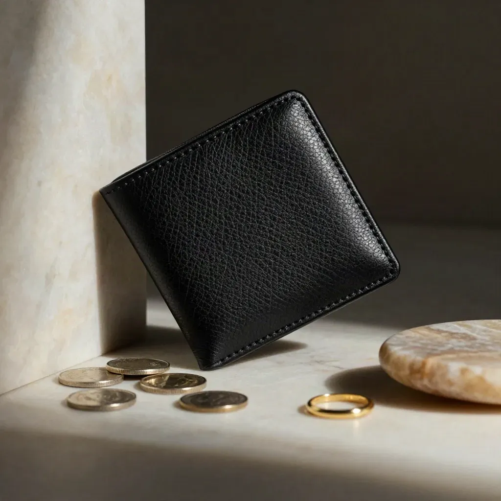 Black faux leather slim wallet with coins, ring and stone dish on marble in moody light.