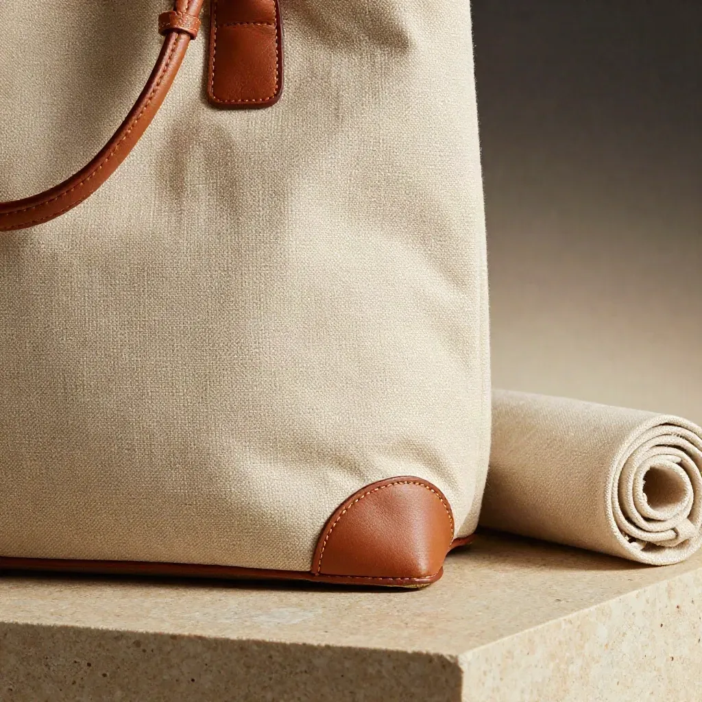 Macro of a canvas tote with leather trim, linen tube and pouch in warm limestone light.