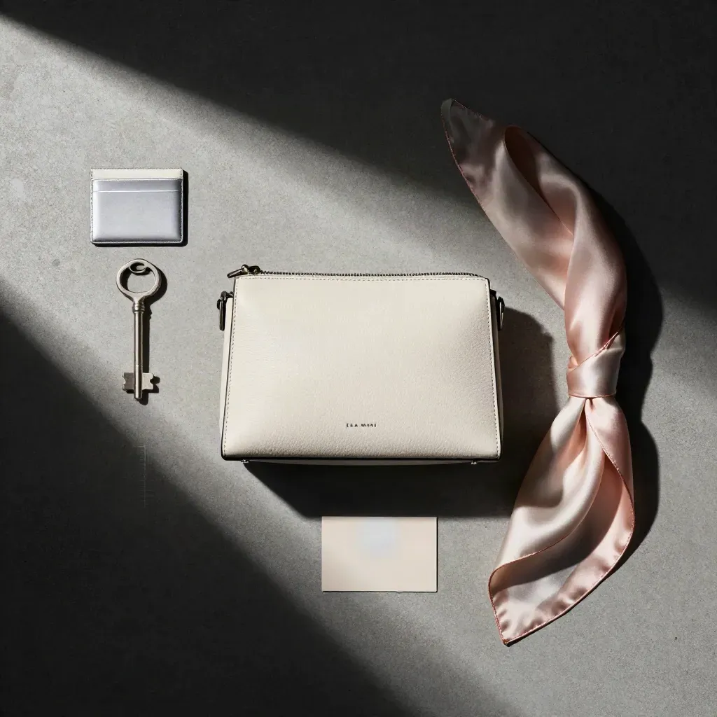 Overhead flatlay of a cream mini crossbody, card holder and silk scarf on brushed concrete.