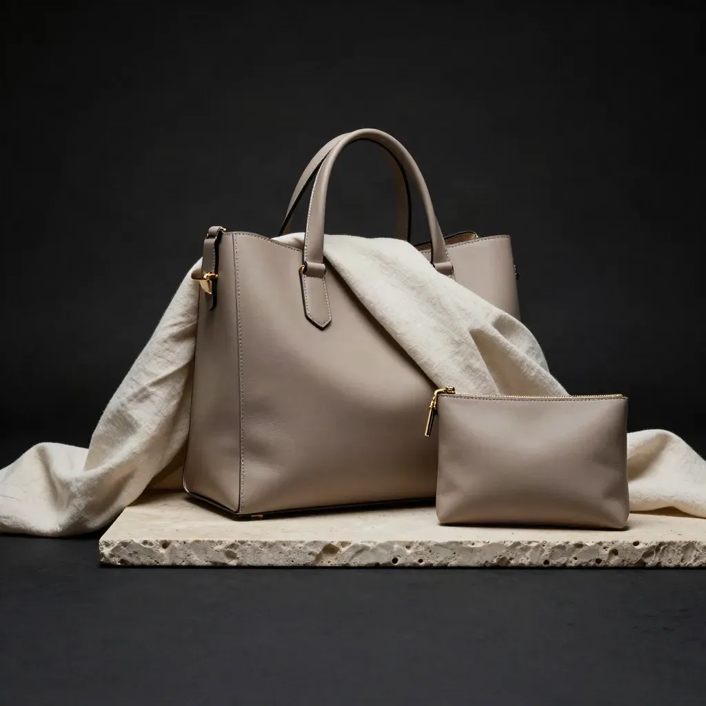 Dark dramatic hero shot of a poppy-toned bag and pouch with linen wrap on black stone.