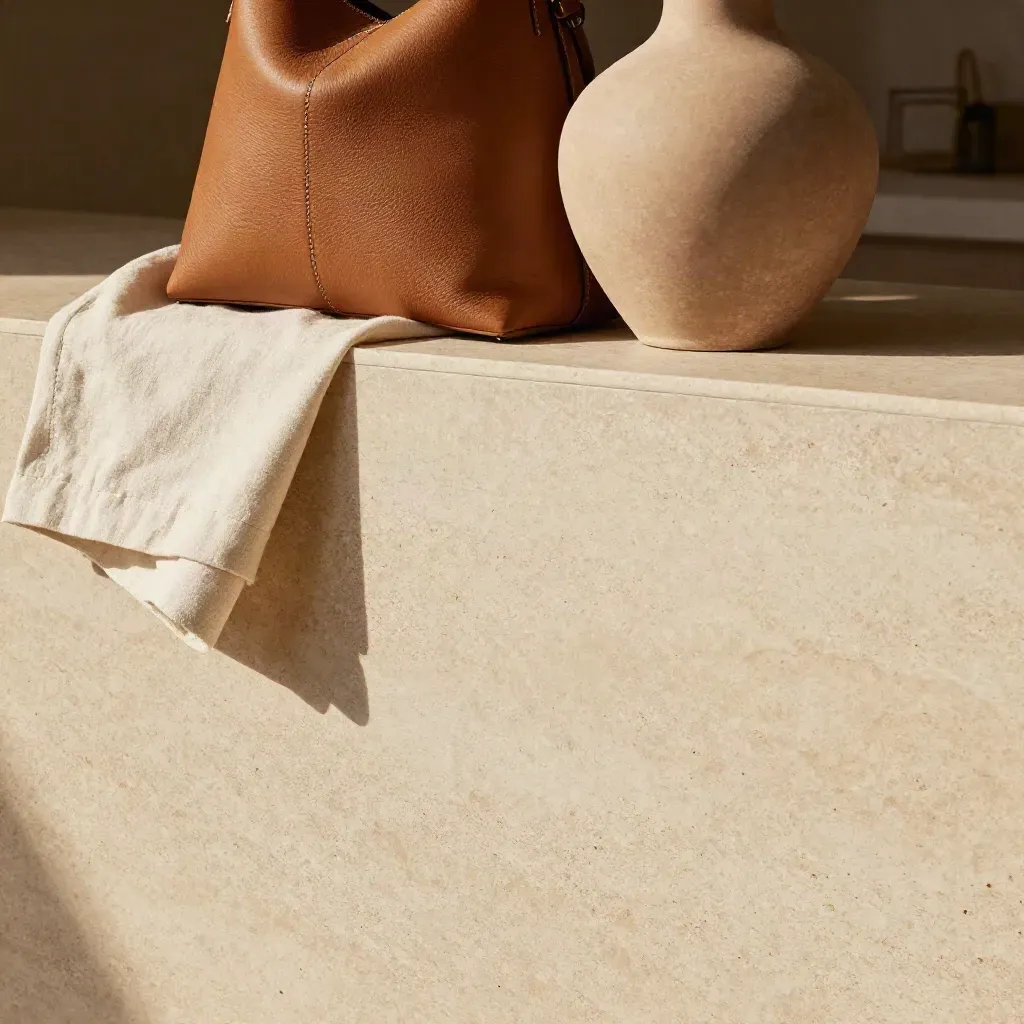 Travertine ledge with camel tote, linen and a ceramic vase in warm neutral light.