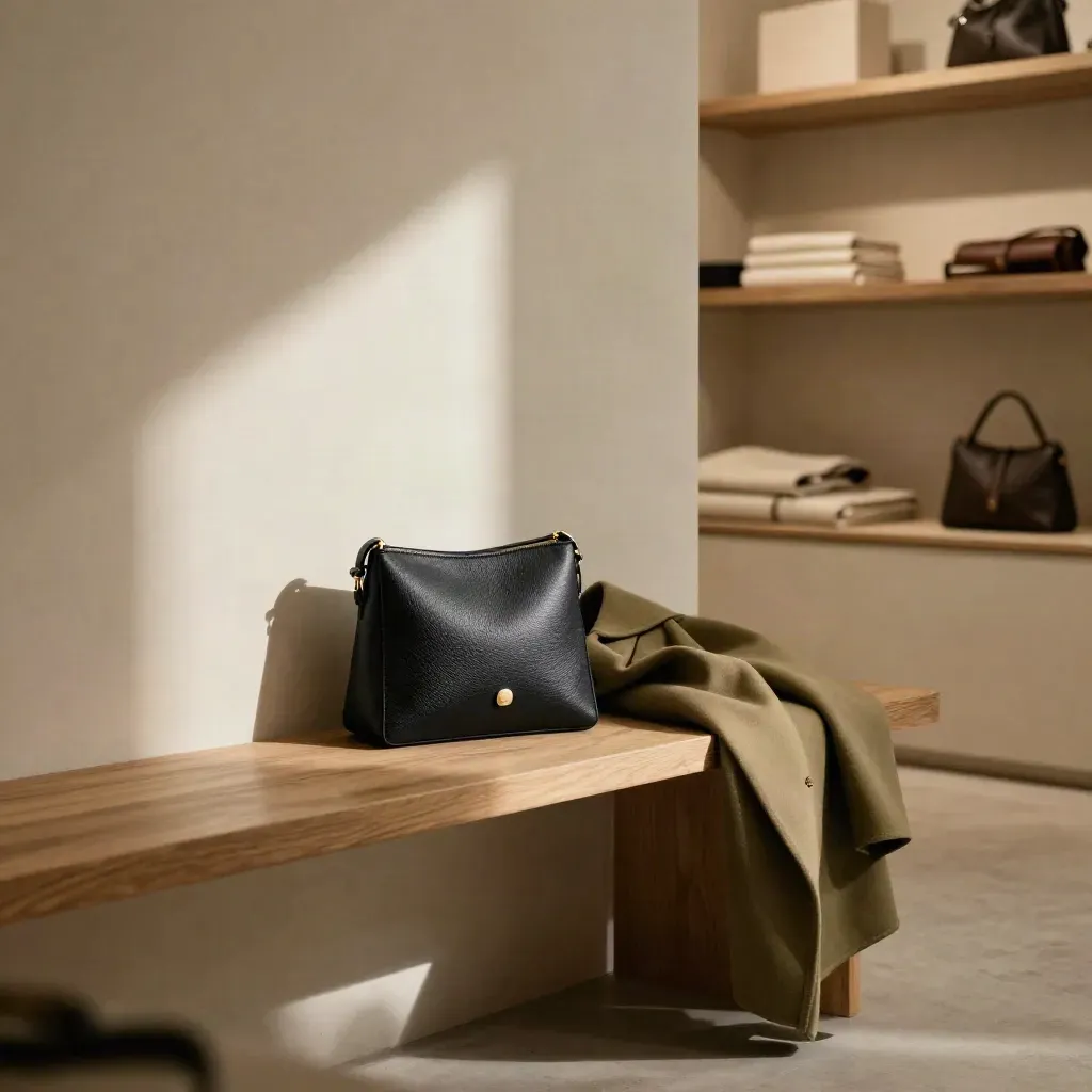 Crossbody bag on an oak bench in a sunlit boutique corner with coat and blurred shelving.