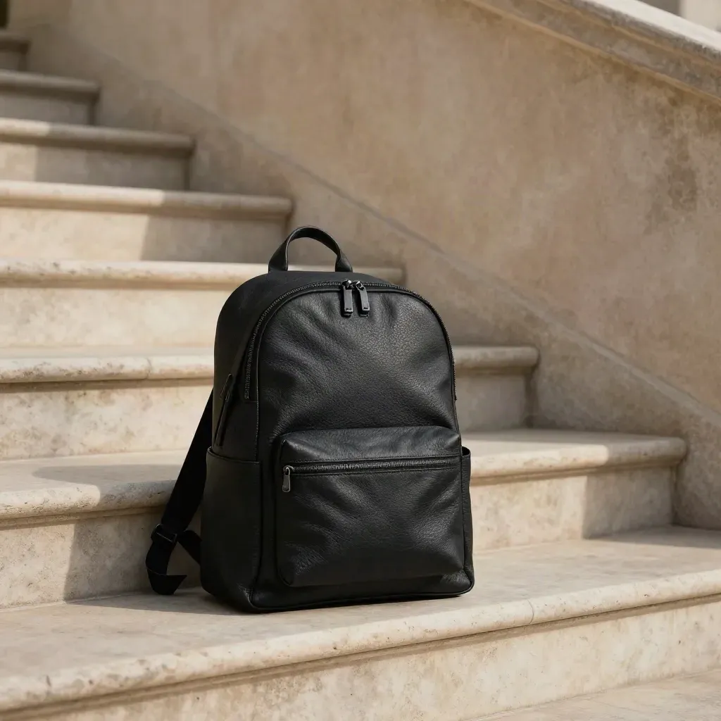 Black backpack on a sunlit stone stair landing with curved wall and soft shadows.