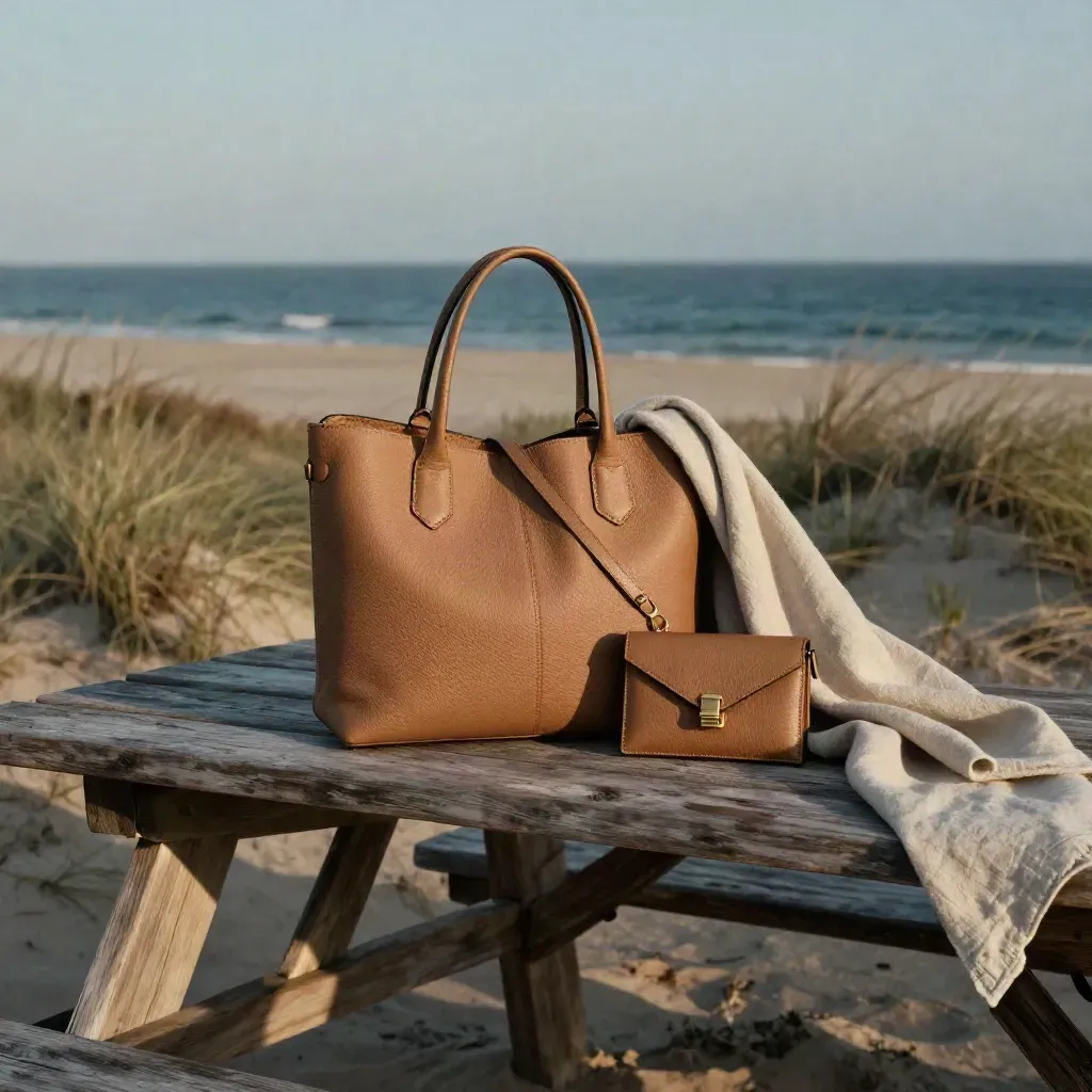 Tan tote, crossbody, and wallet on a picnic table above dune grass and a misty coast.