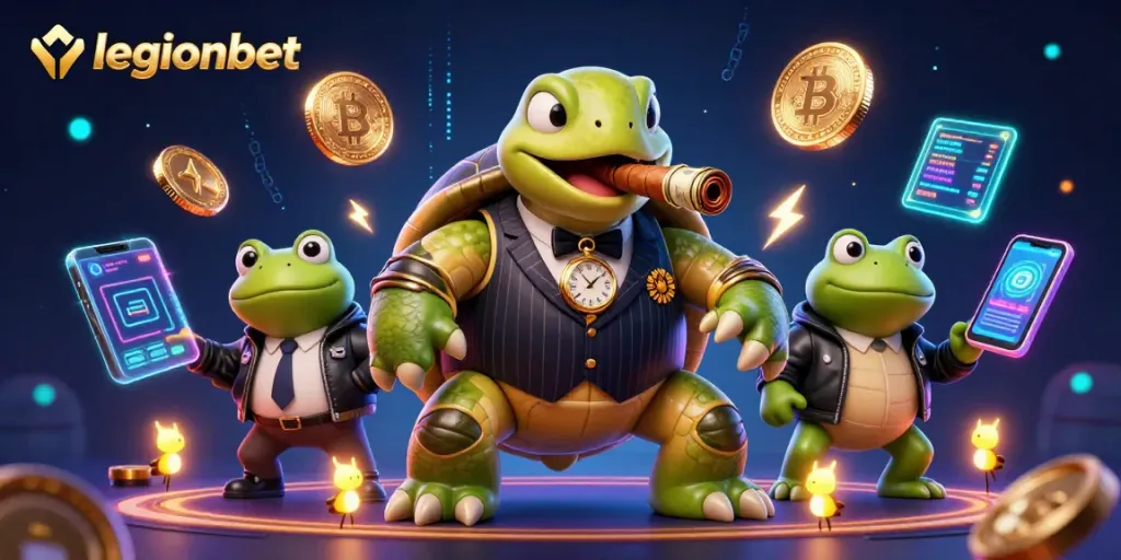 Experience thrilling gameplay at legionbet with an exciting 3D illustration featuring a snapping turtle and bullfrog enforcers.