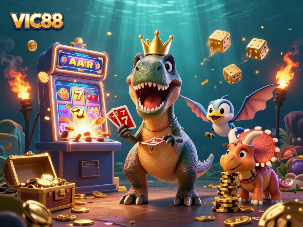 Experience VIC88's exciting games with cartoon dinosaurs and dynamic slot machine action!