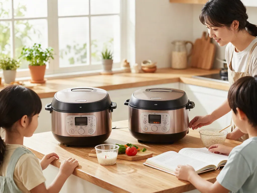 Rice Cooker Price in Bangladesh displayed with family cooking together in a bright kitchen.