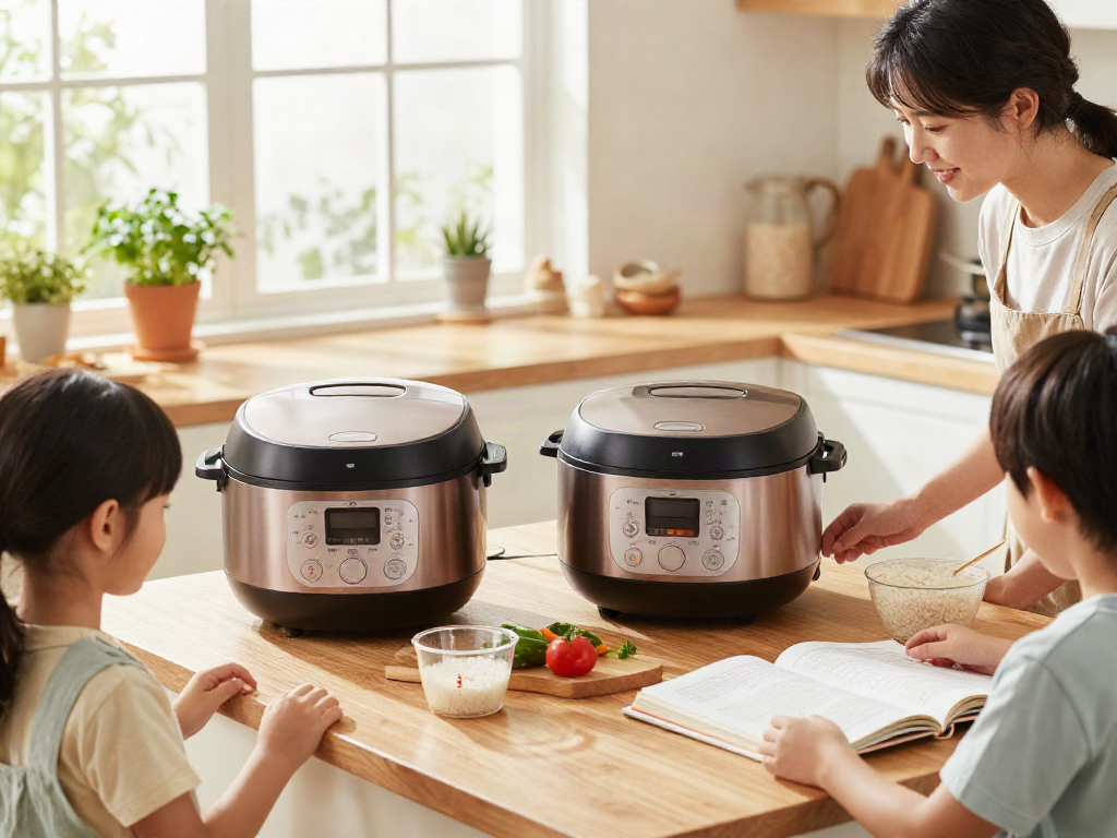 Rice Cooker Price in Bangladesh displayed with family cooking together in a bright kitchen.