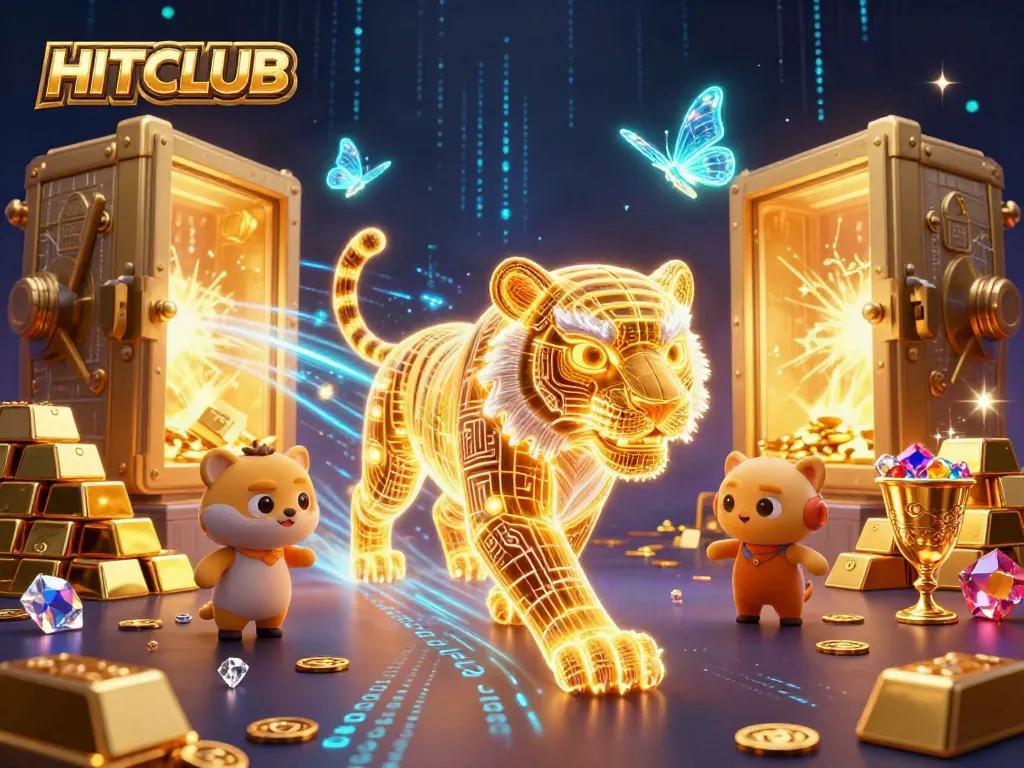 Engage in thrilling gameplay at HITCLUB with neon tigers and treasure in a dazzling casino.