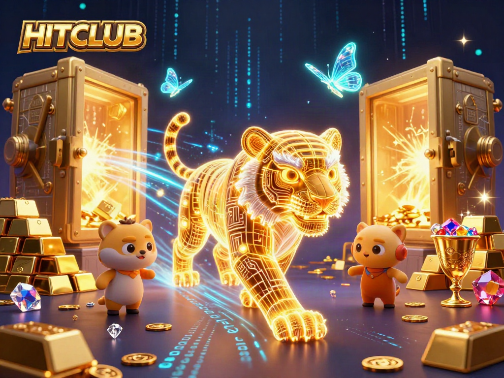 Engage in thrilling gameplay at HITCLUB with neon tigers and treasure in a dazzling casino.