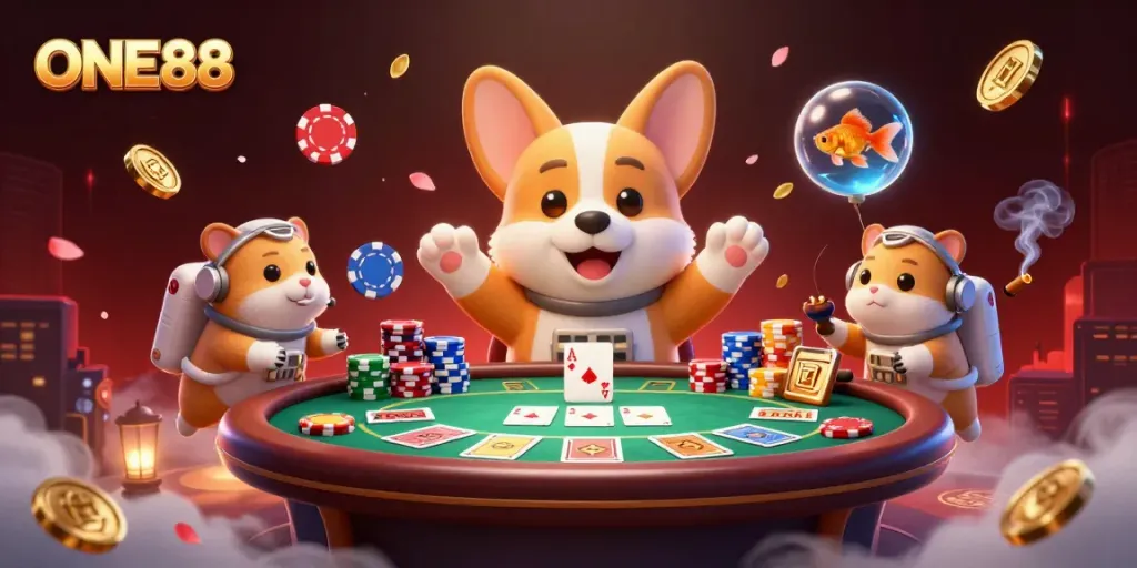 Explore the dynamic gambling scene at ONE88 with a playful corgi astronaut and vibrant poker elements.