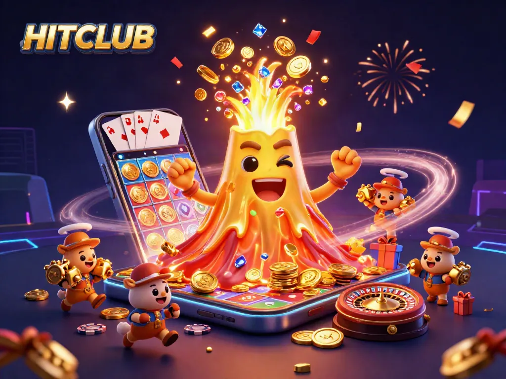 HITCLUB showcases a dynamic 3D scene of a golden volcano erupting treasure in a vibrant casino atmosphere.