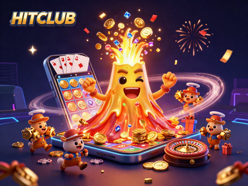 HITCLUB showcases a dynamic 3D scene of a golden volcano erupting treasure in a vibrant casino atmosphere.