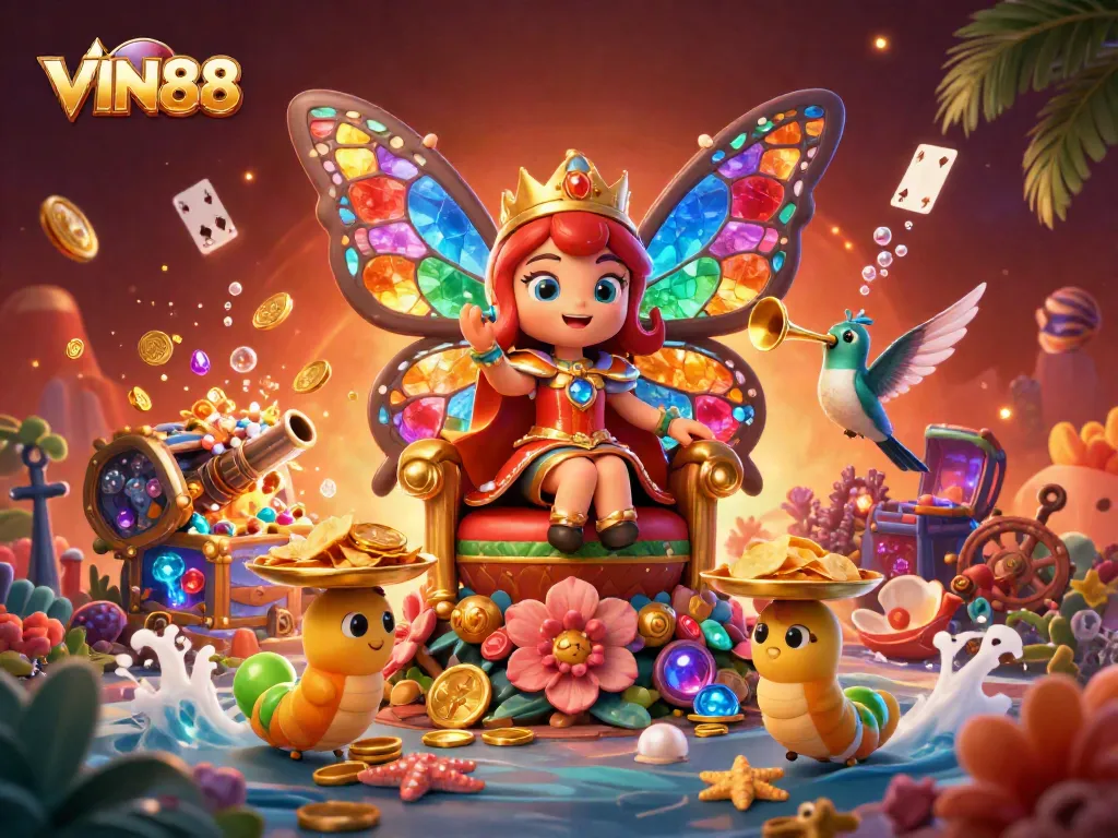 Engage with VIN88's vibrant casino world depicted in a detailed 3D illustration of enchanting characters.