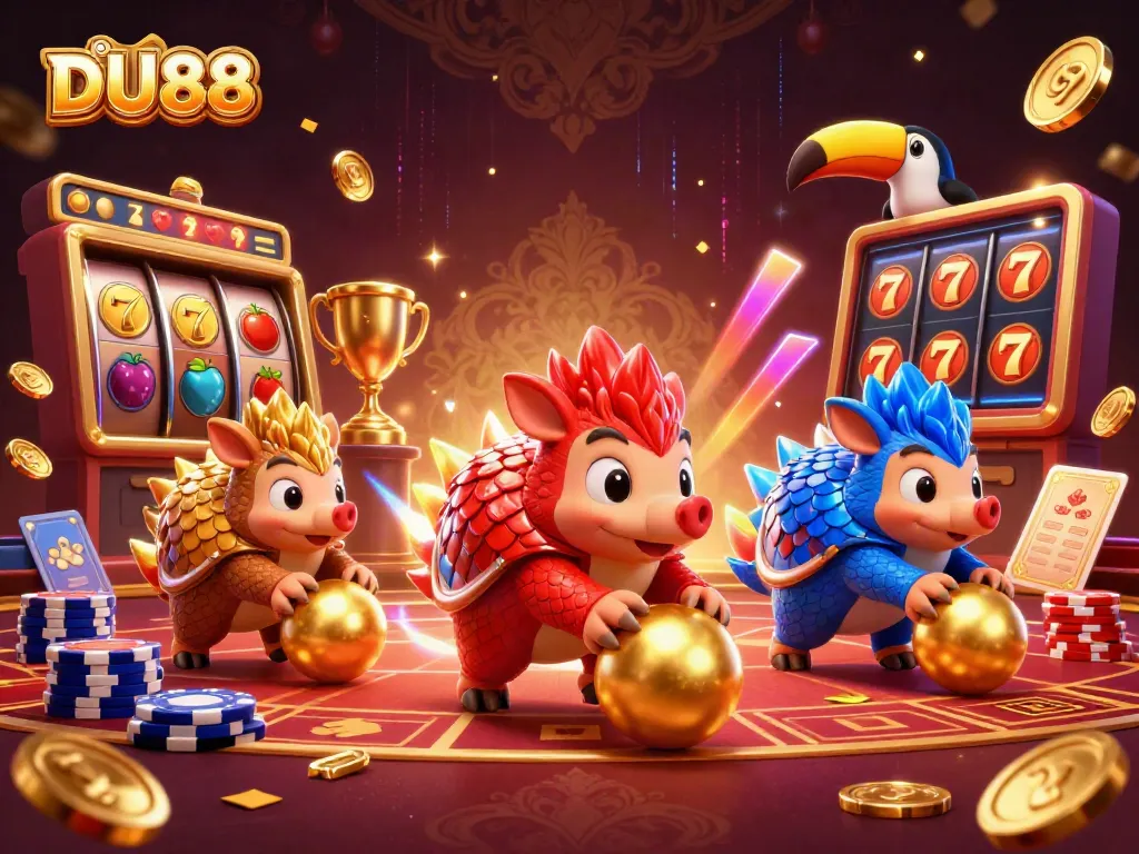DU88 rolls into golden rewards, showcasing vibrant pangolins in lively casino action.