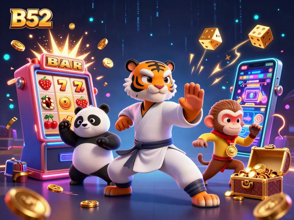 Experience the exciting B52 casino scene with animated characters and dynamic gaming elements.
