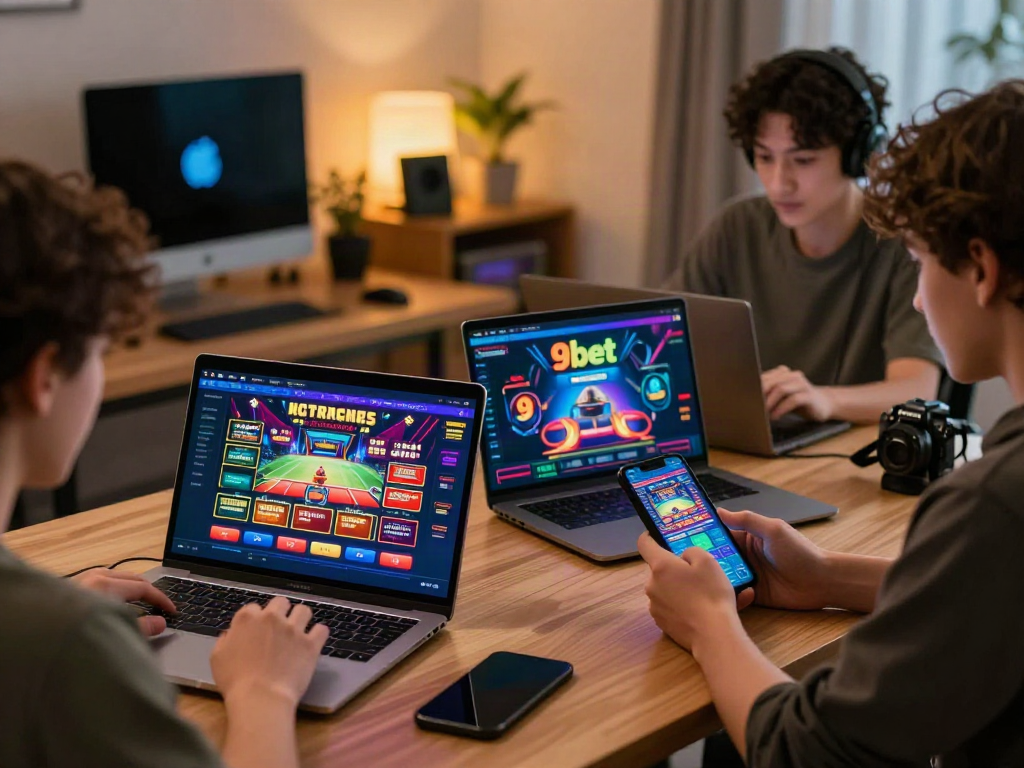 Engaged users enjoying 9bet online betting on laptops and mobile devices in a modern home office setting.