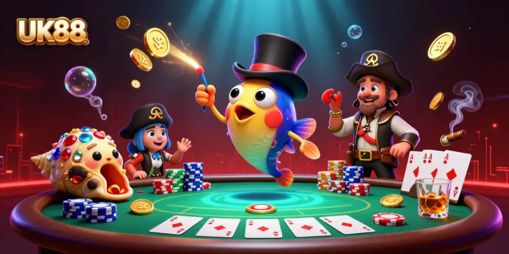 UK88's deep-sea anglerfish attracts golden coins in a vibrant underwater poker scene