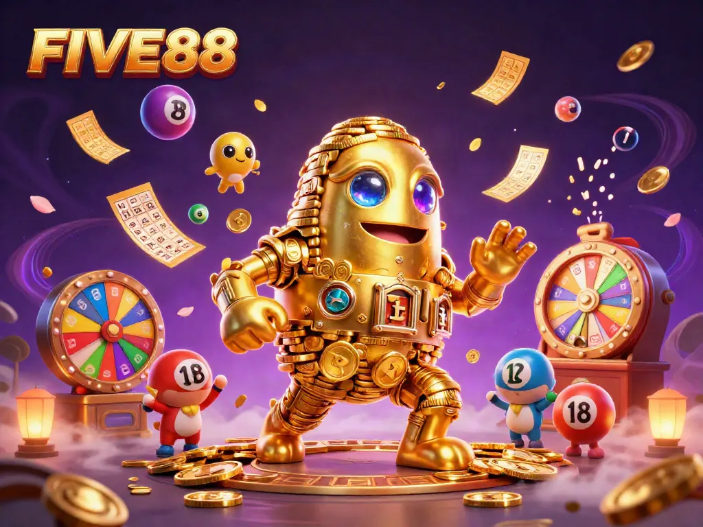 Experience the excitement of FIVE88 with a vibrant 3D casino-themed illustration full of dynamic gaming elements.