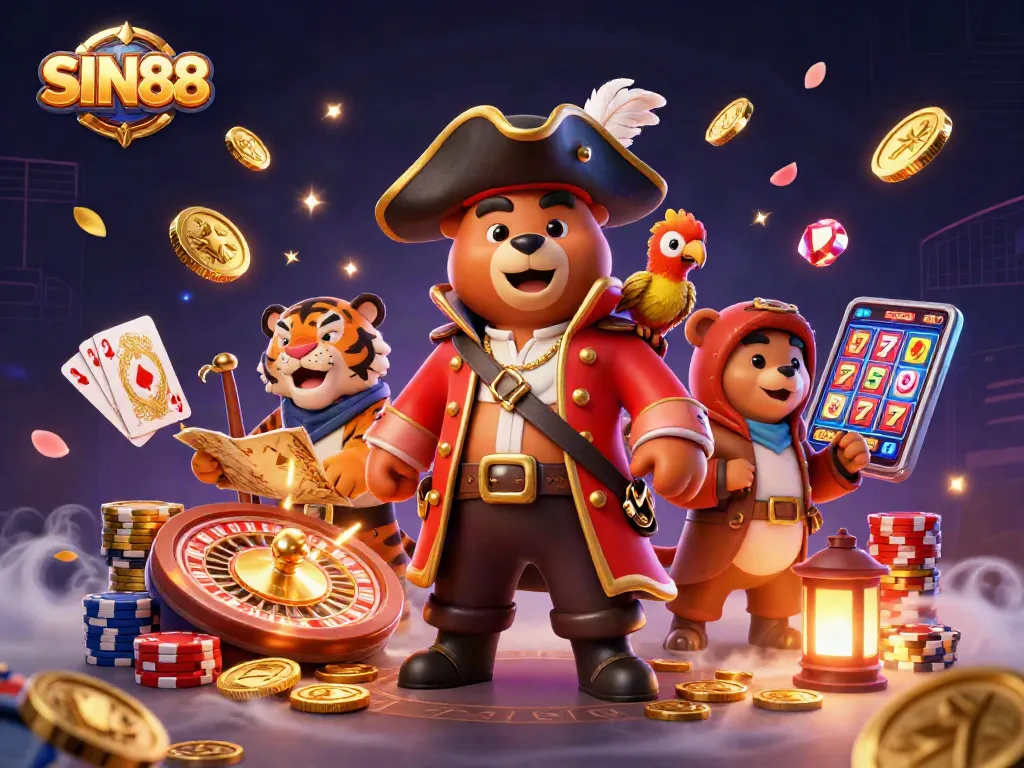 SIN88 engages players with a dynamic 3D casino scene showcasing vibrant characters and lucrative gaming elements.
