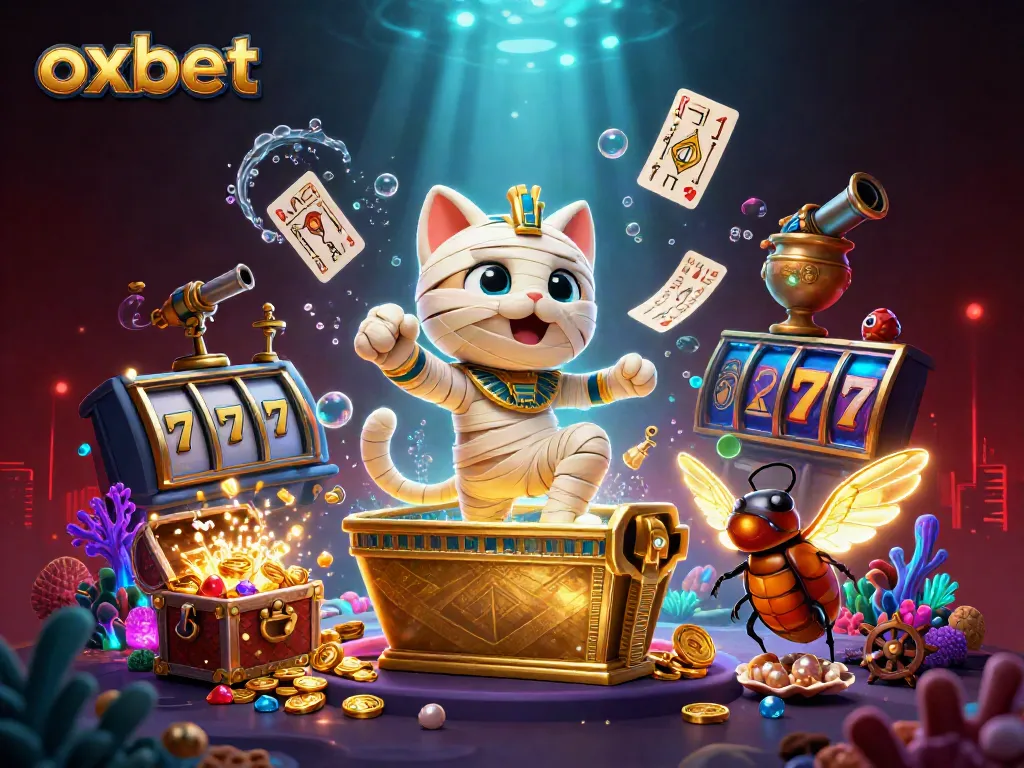 Experience the thrill of oxbet with a mummy cat and golden treasures in a vibrant casino backdrop.